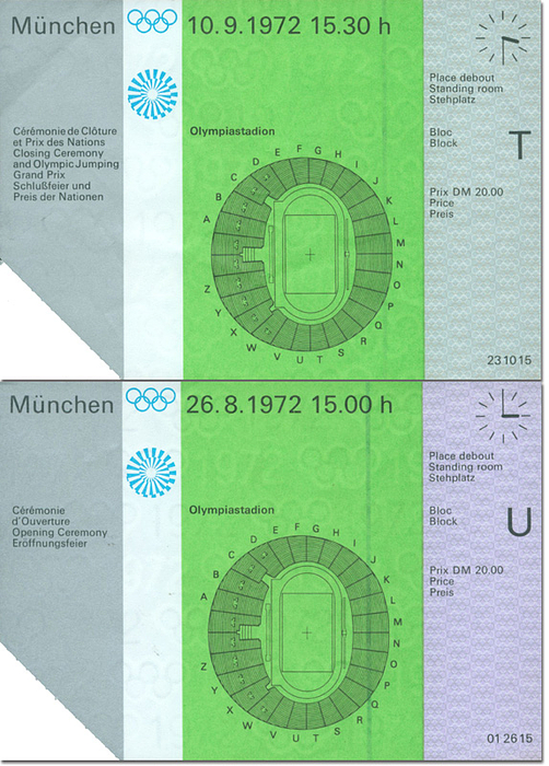  - 2 tickets 1) closing Ceremony of the Olympic Summer Games in Munich on 10th September 1972, 4.30 pm, 15 x 10.5 cm. 2) Opening ceremony of the Olympic Games 26th August 1972, 3pm, 15 x 10.5 cm. Condition: B