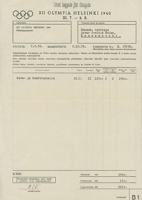 Olympic Games Helsinki 1940. Official Ticket - Official invoice from the Organizing Committee of the 1940 Helsinki Olympic Games for a ticket order for athletics events. Dated October 2, 1939. 30 x 21 cm. Condition: B