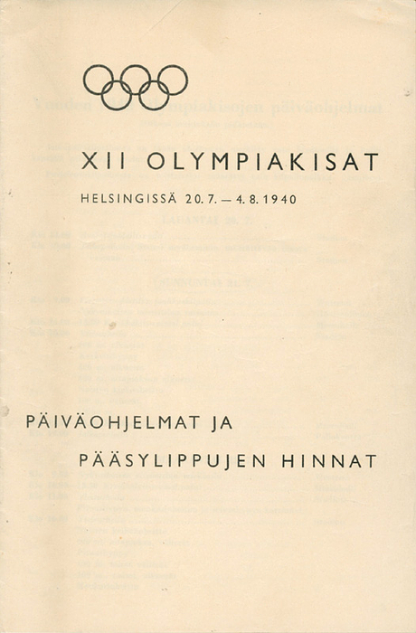  - Olympic Games helsinki 1940.  official programme with ticket prices for the cancelled Games in Helsinki, size 15x21cm, 16 pages. (FINNISH). Condition: C+