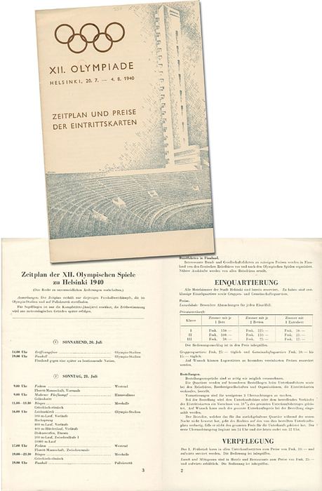 Programm OSS1940  | XII. Olympiade Heslinki, 20.7. - 4.8.1940. Zeitplan und Preise der Eintrittskarten.