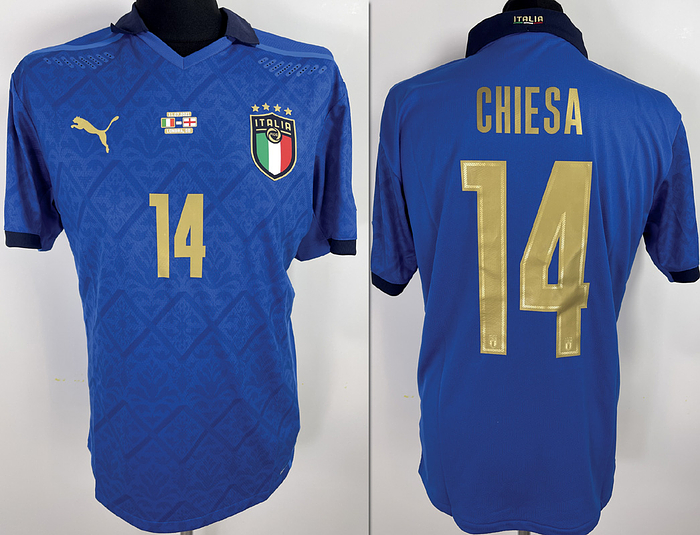  - Original match-issued Italy player jersey with the number 14. Prepared for Federico Chiesa for the final of the 2021 European Championship, Italy vs. England on 11 July 2021 in London. Status: AAB Short-sleeved jersey; size L; association emblem, Puma manufacturer logo applied; player number and name rubberized; rubberized match print, European Championship patch flocked; Respect patch flocked; 100% polyester; Made in Vietnam. Condition: A