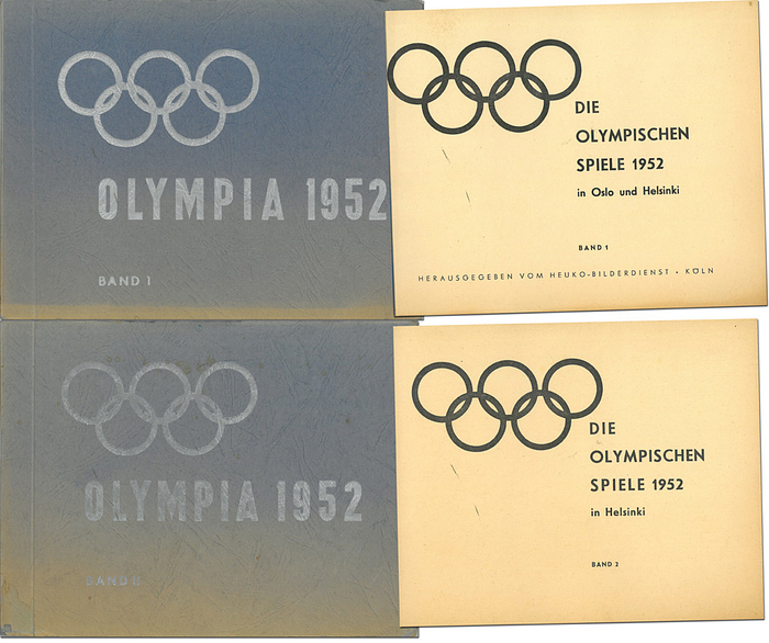 Olympic games 1952. German Sticker album heuko - Sticker album Olympic Games in Oslo and Helsinki 1952. Volumes 1 and 2. Preliminary report about the Olympic Games. The collector photos show international athletes who could expect to win medals. Plus there are photos of the Olympi Winter Games in Oslo. Volume two shows the Olypic Games in Helsinki. 54 + 48 pages. 27 x 21 cm, paperback, 432 black-and-white collector photos in both volumes (complete), Heuko, Cologne 1952. Condition: C