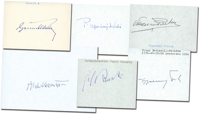 Fechten OSS1936  | 6 verschiedene original Signaturen von Medaillengewinner im Fechten bei den Olympischen Spielen 1936: Giancarlo Brusati (ITA; +2001, Gold); Tibor Berczelly (HUN, +1990; 3xGold 2x Bronze 1936-1952); Aladár Gerevich (HUN, +1991; 1932-1960: 7xGold, 1xSilber, 2xBronze); László Rajcsányi (HUN, +1992. 3x Gold 1936-1952); Aldo Montano (ITA, +1996. Gold 1936 + 1948); Vincenzo Pinton (ITA, +1980. 4x Silber 1936-1952). Blancobeleg, 14,5x10,4 bis 9x8 cm.