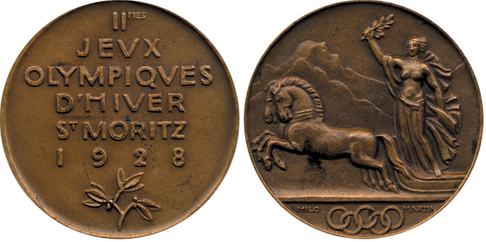 Teilnehmermedaille 1928  | Teilnehmermedaille für die II.Olympischen Winterspiele St.Moritz 1928. Bronze, 3,7 cm von M.Martin.