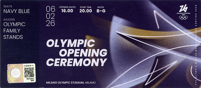 Eintrittskarte OSW2026  | Offizielle Eintrittskarte der Olympischen Winterspiele Mailand Cortina d´Ampezzo  2026. 6.2. Olympic Opening Ceremony. Karton, 20x9 cm. ORIGINAL TICKET!.