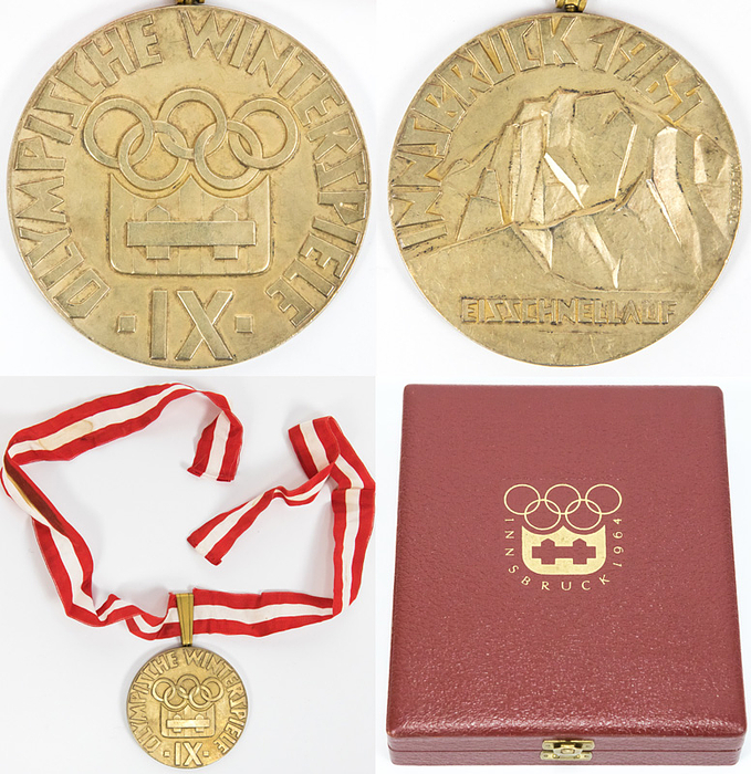  - Gold medal for first place in speed skating at the 1964 Innsbruck Winter Olympics. Design: M. Coufal. Gold-plated silver with pendant and silk ribbon. Weight: 168 grams, 7 cm. In original case. --Only 70 gold medals were awarded. --light signs of wear. The silk ribbon is stained and slightly damaged. This silk ribbon is not the original. The silk ribbon was lost and replaced with a similar one that matches the original. Condition: A-