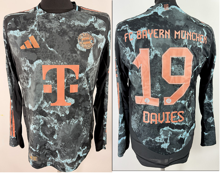  - Original FC Bayern match-issued player shirt, number 19 (Alphonso Davies). Prepared for a Bundesliga match during the 2024/2025 season. Status AAB; long-sleeved shirt; size 6; club crest and Adidas manufacturer logo applied; sponsor ("T..."), club name, player number, and player name applied (heat-pressed); back number 25 cm high; Bundesliga patch and Allianz patch applied (heat-pressed); 100% polyester; made in Cambodia; The jersey comes from a Bayern Munich staff member. Condition: A