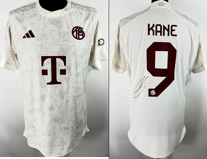  - Original match-issued FC Bayern player shirt, number 9 (Harry Kane). Prepared for a Champions League match during the 2023/2024 season. The shirt is signed. Short-sleeved shirt; size 7; club crest and Adidas manufacturer logo applied (heat-pressed); sponsor ("T..."), club name, player number, and player name applied (heat-pressed); back number 25 cm high; Champions League patch applied (flocked); Audi patch applied (heat-pressed); 100% polyester; made in Thailand. -Comes from the collection of a Bayern Munich official Condition: A