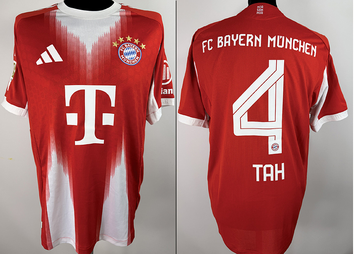 match worn football shirt FC Bayern 2025 - Original match-worn FC Bayern player shirt, number 4 (Jonathan Tah). Worn in a Bundesliga match during the 2025/2026 season. Status:ABB. Short-sleeved shirt; size 9; club crest and Adidas manufacturer logo applied (heat-pressed); sponsor ("T..."), club name, player number, and player name applied (heat-pressed); back number 25 cm high; Bundesliga patch and Allianz patch applied (heat-pressed); 100% polyester; made in Thailand. --The jersey comes from a Bayern Munich staff member. Condition: A