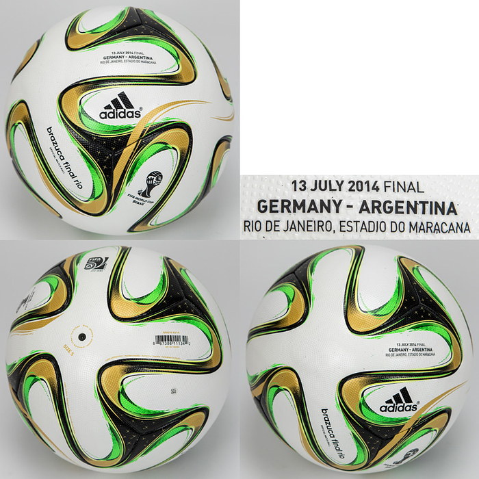 Adidas Ball 2014  | „Adidas Brazuca final rio Official Match Ball FIFA World Cup Brazil" 2014. Mt match print "13 July 2014 Final Germany - Argentina. Rio de Janeiro, Estadio do Maracana". FIFA approved (A). Größe 5. Made in China.