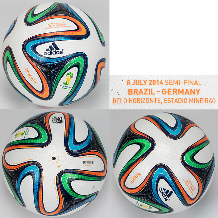  - "Adidas Brazuca" official match ball for the 2014 FIFA World Cup in Brazil. From the historic match against Brazil. Features the match print: "8 July 2014 Semi-Final Brazil – Germany. Belo Horizonte, Estádio Mineirão." FIFA-approved (A). Size 5. Made in China. Condition: A-
