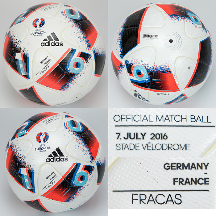Adidas Ball 2016  | Adidas "Fracas" offizieller Ball der Fußball Europameisterschaft 2016 in Frankreich. Mit dem Logo der UEFA Euro 2016. Mit zwei match Prints "7.July 2016 Stade Vélodrome" und "Germany - France". Aufschrift "Official Match Ball". Größe 5.