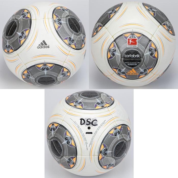 Adidas Spielball 2013  | Original Spielball Adidas "Torfabrik" aus dem DFB - Pokal Spiel Armina Bielefeld v Bayer Leverkusen (0:2) am 24.09.2013 in Bielefeld. Mit dem Aufrdruck "Offizieller Spielball der Bundesliga".  Größe 5. Dieser Ball wurde in diesem Spiel eingesetzt. Mit handschriflicher Aufschrift "DSC" (für Bielefeld). Status:AAA