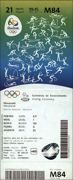 Eintrittskarte OSS2016  | Olympische Spiele Rio 2016 Closing Ceremony, 21.8.2016, 22x9 cm.
