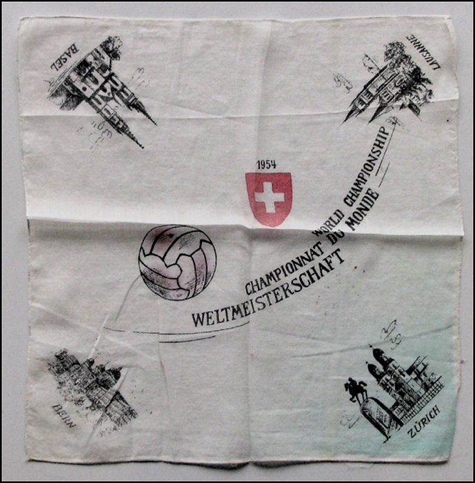  - World Cup 1954. Coloured souvenir silk cloth, 30x30cm, showing the match towns, Condition: A