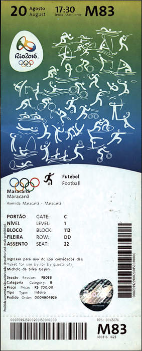  - Olympic Games Rio 2016 Ticket Football Final men Germany - Brazil on 20th August 2016, 19x7.5 cm. Condition: B