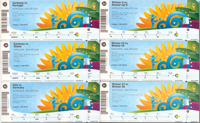  - World Cup 2014: 6 match tickets for all of Germany’s games at the 2014 FIFA World Cup in Brazil, up to and including the final. Germany vs. 1) Portugal, June 16; 2) Ghana, June 21; 3) USA, June 26; 4) Algeria, June 30; 5) France, July 4; 6) Brazil, July 8. Each measures 20.5 x 8.5 cm. --tickets folded Condition: B-C