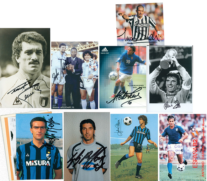  - 13 original signed autograph items featuring Italian World Cup champions from the 1938–2006 tournaments: 2x Aldo Olivieri (1910–2001; 1938; 1x photo card + 1x small card); Marco Tardelli (1982 – postcard); Buffon (2006 – photo card); Altobelli (1982 – postcard); Zoff (1982 – photo print); 2x Cabrini (1982 – postcard + small card); Gentile (1982 – photo card); Collovati (1982 – postcard); Bergomi (1982 – postcard); each 15 x 10 cm Condition: A-