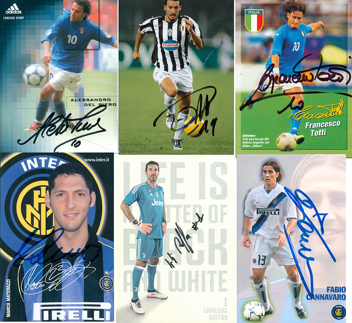  - 6 autograph cards and one photograph featuring players from the 2006 FIFA World Cup-winning Italian team: Zambrotta (reproduction photo), Materazzi, Cannavaro, Del Piero, Totti, and Buffon; each measures 15 x 10 cm. Condition: A-