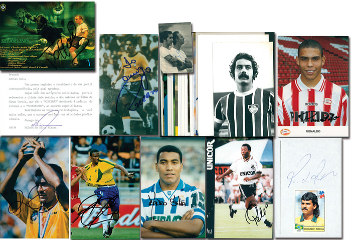 Brasilien Weltmeister 1958 - 2002  | 29 Original-Autographen von Weltmeistern aus Brasilien 1958 - 2002: Pele (1940-2022; WM 1958, 1962, 1970 - AK);  Ricardo da Rocha (1994 - BB); 2x Rivelino (1970 - AK Signatur a. Rückseite+ RF); 3x Mauro Silva (1994 - 2x RF+BB); Ronaldo (1994 - AK), 2x Piazza (1970 - BB); Zagallo (1931-2024; 1958 + 1962 - MF);  Claudio Taffarel (1994 - AK); 2x Roque Júnior (2002 - 2xRF); 3x Branco (1986 - 2xKK + 1x RF); Bebeto (1994 - RF); Djlma Santos (1929-2013; 1958 + 1962 - RF); Robert Carlos (2002- RF); Brito (1962 - KK); Carlos Aberto (1944-2016; 1970 - Foto), 2x Edmilson (2002 - 2x AK); Juninho (2002 - AK); 2x Dunga (1994 - AK + KK), 2x Jorginho (1994 - 2xBB
