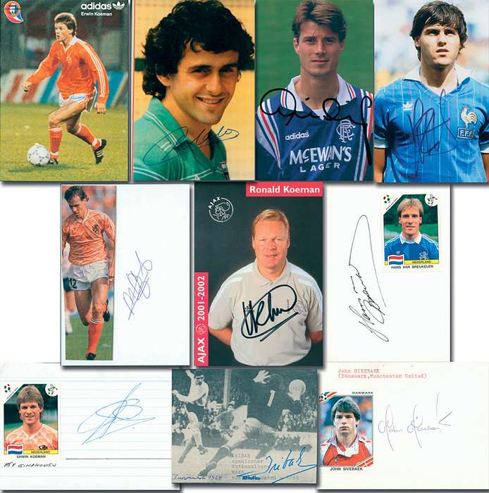  - 10 autographed items from European Football Championship winners (1964–1992). 1964 Spain: Iribar (newspaper photo); 1984 France: Platini + Amoros (postcard-sized photo); 1988 Netherlands: van Breukelen (small photo), van Basten (small photo), 2x E. Koeman (autograph card + small photo), R. Koeman (autograph card); 1992 Denmark: B. Laudrup (autograph card), Sivebæk (small photo). Each 15 x 10 cm. Condition: A-
