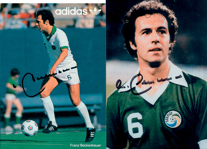  - (1945–2024) Color Adidas autograph card featuring an original signature by Franz Beckenbauer, shown in his New York Cosmos kit. 14.7 x 10.5 cm. Includes a color reproduction photograph, also signed by Beckenbauer, 15 x 10 cm. Condition: A