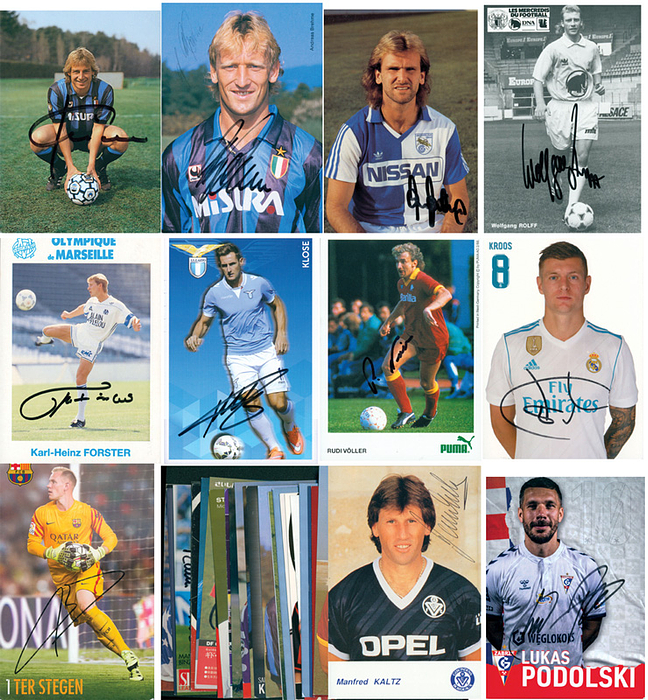 Nationalspieler 1974 - 2016  | 39 Autogrammkarten von deutschen Nationalspielern jeweils in Trikots ausländischer Klubs. Alle mit original Signatur, je 15x10 cm