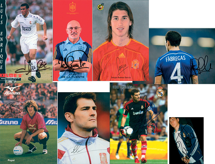 Weltmeister 2010  | 8 Autogrammbelege auf Autogrammkarte und Reprofotos von Spielern des Fußball Weltmeister 2010 Spanien: Fabregas (RF); Puyol (AK); Ramos (AK), Enrique (AK), Fuente (AK), 3x Casillias (1x AK , Foto, RF), je 15x10 cm