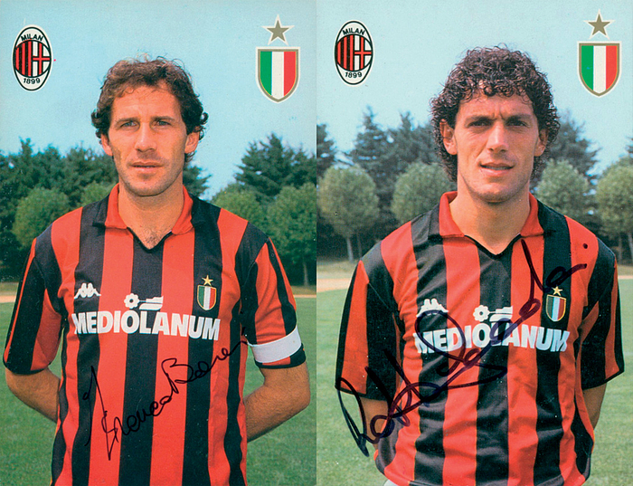  - 2 color autograph cards, "Milan," featuring original signatures from Franco Baresi—a 1982 FIFA World Cup winner with Italy—and Roberto Donadoni. (The cards have adhesive residue on the back.) Each measures 15 x 10 cm. Condition: A-