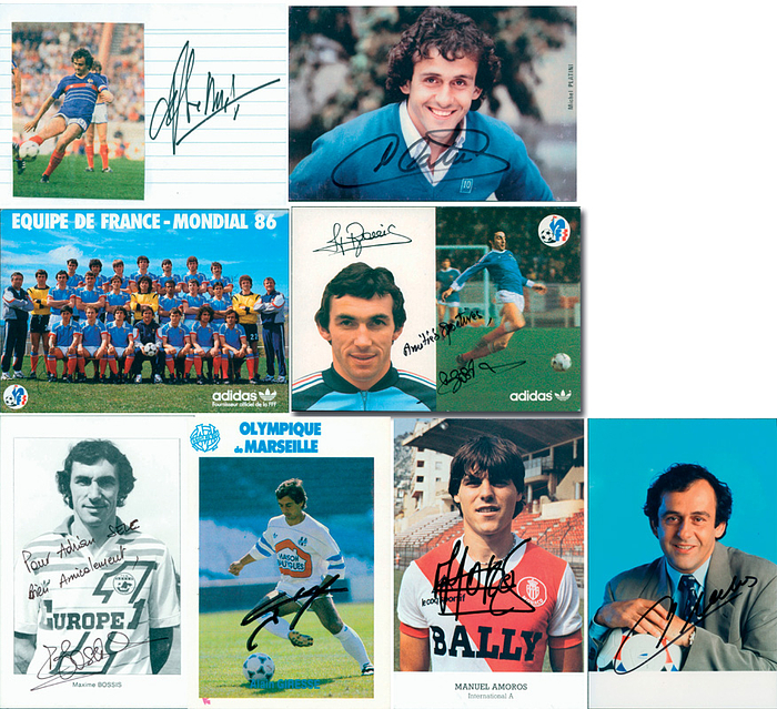 Europameister 1984  | 8 Autogrammbelege mit original Signaturen des Fußball Europameister 1984 Frankreich: 3x Platini (AK, RF, KK); 2x Giresse (AK + PK); 2x Amoros (AK), 2x Bossis (2x AK). Je 15x10 cm