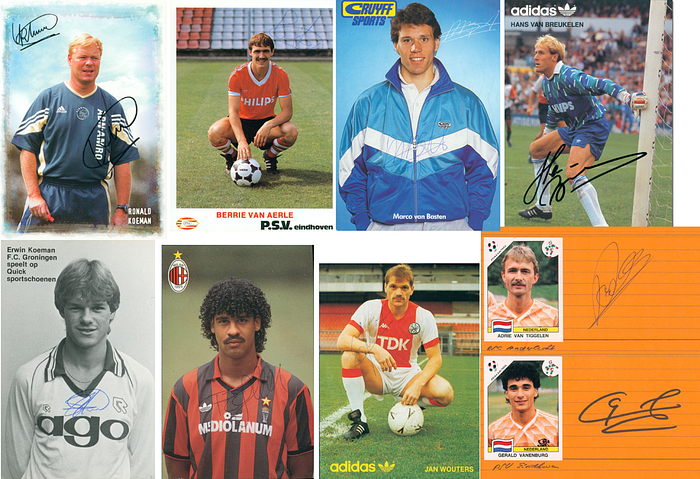  - 9 autographed items from players of the 1988 European Champion Netherlands team: van Basten (postcard), Jan Wouters (postcard), Ronald Koeman (postcard), Erwin Koeman (postcard), Rijkaard (postcard), van Breukelen (postcard), van Aerle (postcard), Vanenburg (small card), and van Tiggelen (small card). Each measures 15 x 10 cm. Condition: A