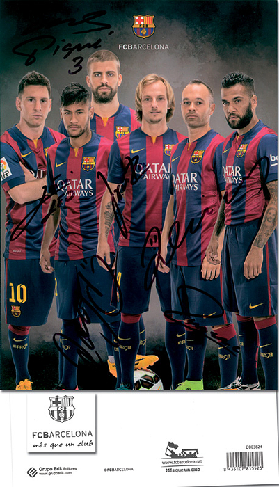 Barcelona,FC - 2015  | Offizielle FC-Barcelona-Autogrammkarte im Format ca. 29,5 × 21 cm, herausgegeben im Zusammenhang mit dem FC Barcelona. Mit den original Signaturen von Lionel Messi, Neymar Jr., Gerard Piqué, Ivan Rakitic, Dani Alves und Andrés Iniesta.