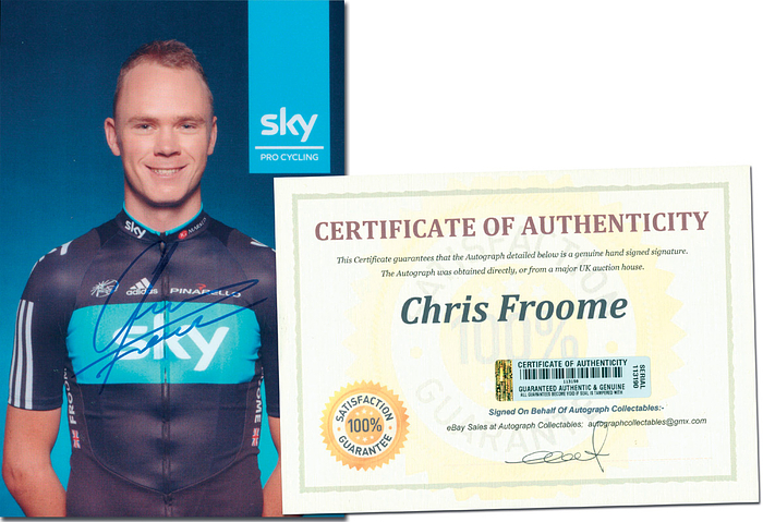 - Color print with an original signature by Chris Froome (GBR). Four-time Tour de France winner (2013, 2015, 2016, and 2017). Bronze medalist at the 2012 and 2016 Olympic Games. Winner of the 2018 Giro d'Italia and the 2011 and 2017 Vuelta a España. 23 x 15 cm. Includes a Certificate of Authenticity (COA) from "eBay Sales at Autograph Collectables." Condition: A