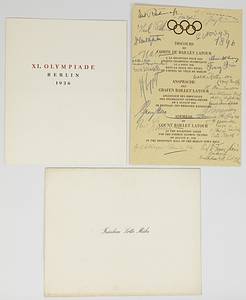 Siegermedaille 1928 + Diploma  | Nachlass von Lotti Mühe (GER; 1910-1981). Bronzemedaillengewinnerin über 200 m Brust bei den Olympischen Spielen Amsterdam 1928. Sie hatte vor der Olympiade 1928 zweimal den Weltrekord 100 m und 200 m verbessert. Sie gewann bei den Schwimm - Europameisterschaften 1927 die Silbermedaille über 200 m Brust. 3fache deutsche Meisterin. Dabei:  1) Siegermedaille „IXe Olympiade Amsterdam 1928“. In Bronze, 5,5 cm im Pappetui. 2) Offizielles Olympia-Siegerdiplom für den 3.Platz im  Brustschwimmen für Lotti Mühe „Diploma. IX.Olympiade 1928 Amsterdam. 3e Pijs L.Mühe Duitsland voor Swemmen (200 M Schoolsslag Dames“.  Gestaltung C.J. van der Hoef. Signiert vom Präsidenten des OK A. Schimmelpenninck und dem IOC-Präsidenten Baillet-Latour. (64x44 cm). Urkunde leicht fleckig 3) Silberpokal der Schwimm - Europameisterschaften 1927 in Bolgona für den 2.Platz mit der Sockelgravur "Campionati Europej di Nuoto…1927". Silber (gepunzt 800er Silber, Gewicht, 314 Gramm). Höhe: 21,5 cm. In original Box. 4) Original Wappen der deutschen Olympiamannschaft von 1928. Hat Lotti Mühe von einem Trainingsanzug oder Wettkampfbadeanzug entfernt. Leine mit Seide bestickt, 8x6 cm. 5) Original Abzeichen des DSV für die Teilnehmer am Schwimmländerkampf 1929 mit der Inschrift "Länderkampf Schweden - Deutschland 1929 in Halberstadt". Silber (gepunzt 950er), vergoldet, 3,8x3,5 cm. In original Box. 6) Personalausweis der BRD von Lotti Mühe-Escherich mit Passfoto und original Signatur mit "Lotti Escherich". 10,5x7,5 8 Seiten. 7) Persönliche Einladung als "Ehrengast" für die gesamten Olympischen Spiele Berlin 1936 für ehemalige Olympiasieger, 27x22 cm. Dabei ein Blatt von dem Empfang der ehemaligen Olympiasieger am. 4.7.1936 mit 21 original Signaturen von Olympiasieger von 1896-1936, dabei die Signatur von Spyridon Louis (GR; 1873-1940), den Goldmedaillengewinner im Marathom von 1896 je 30x21 cm. 8) Urkunde zum Meisterschaftsabzeichen von Lotti Mühe des DRfL aus dem Jahre 1937 mit dem Text "Lotti Mühe Holdesheimer Schwimmverein dem Deutschen Meister 1908 im 200 m Brustschwimmen d. Frauen m. 3:18,4 min", 43x30 cm. Bei dieser Urkunde unterlief dem Hersteller ein großer Fehler. Statt 1929 in dem Jahr in dem Mühe die DM 3:18,4 min gewann trug er das Jahr 1908 ein! Diese Urkunde wurden 1937 teilweise posthum an verdiente Athleten ausgeben. 9) 3 Siegerabzeichen von regioalen Schwimmwettbewerben. Alle aus Silber. 10) ca. 15 Siegerabzeichen von regionalen Schwimmwettbewerben, alle gewonnen von Lotti Mühe. 11) 5 Fotoalben von Lotti Mühe aus der Zeit von 1920 -1945  it privaten Fotos (ca. 200 Fotos). 12) divererse Dokumente und Brief an Lotti Mühe aus der Zeit von 1925-1945. 13) Kopie der Diplomarbeit von Lottu Mühe aus dem Jahre 1932 "Trainingsschulung der Frau für den Schwimmwettkampf. 46 Seiten. 14) Mauskript von Florentine Naylor (1922-2013) "Rückblick auf die Jahre 1940 - 44 anhand von authentoschen Briefen an eine Freundin". Bei diesen Briefen handelt es sich um Briefe an Lotti Mühe. Naylor ar eine Schriftstellerin und Übersetzerin. - Bild 4