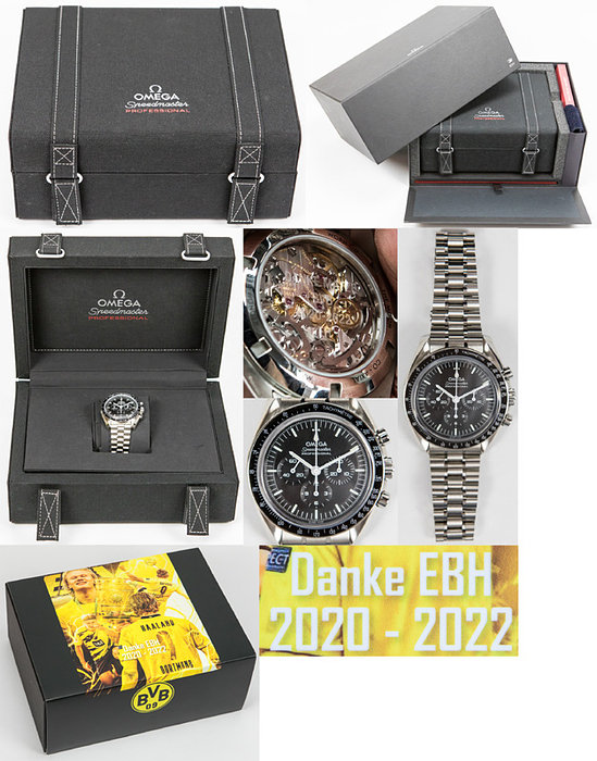 Haaland Uhr Borussia Dortmund 2022  | Original Armbanduhr von Erling Haaland die er bei seinem Abschied von Borussia Dortmund 2022 an wenige ausgewählte Mitarbeiter von Borussia Dortmund verschenkte. Original farbig bedruckter Pappkarton mit Sonderdruck "Danke EBH 2020-2022" (EBH = Erling Braut Haaland). 29x22x13 cm. Der Glasunterdeckel der Uhr hat die persönliche Gravur "Danke Matze -  BVB - 2020 - 2022", Matze ist der Name des Mitarbeiters von Borussia Dortmund, der eine persönliche Beziehung zu Haaland hatte. "Omega Speedmaster professional" automatic (2002) Kaliber 3861, 42 mm, Stahl, Stahl-Band, Zifferblatt: schwarz Index, Kaliber 3861, Master Chronometer, kleine Sekunden-Anzeige, Saphir-Glas, wasserdicht, Ref.:310.30.42.50.01.002. Mit original Box und Papieren. Neuwertig! Besonderheit: Glasboden! Neupreis ca. 9.500 €.