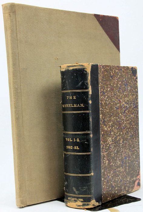 Collection comprising "The Wheelman. An Illustrated Magazine of Cycling Literature and News" (1883 volume) and "Cycling Gazette" (1897). approx. 1200 pages, 17x24 cm and 27x36 cm, half-cloth/cloth binding, approx. 500 black-and-white illustrations & photographs. --The Wheelman," published in Boston, spans over 900 pages and features literary, athletic, and technical content; it is lavishly illustrated, ranging in style from the highly fashionable and elegant to the ruggedly adventurous. "Cycling Gazette"—with ties to Cleveland, Chicago, and New York—serves as an industry showcase, containing numerous portraits of the entrepreneurs and manufacturers who had amassed great wealth, along with their board members, key executives, and their broader professional circles. -- The volumes have not been collated; some issues may be missing. ARCHIVE. Condition: C