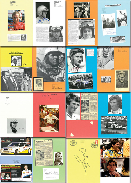 Sammlung Formel-1 1949-2022  | 15 Ordner mit ca. 3000 verschiedenen Autogrammbelegen von ca. 650 Rennfahrern der Formel-1 von 1949 - 2022. Dabei fast alle Formel-1 Weltmeister von 1949 - 2022 (außer Caracciola und Nuvorali). Ca. 95% der Fahrer die Platz 1-3 belegt haben vorhanden. Ca. 60% wurden von dem Sammler Fritz Weber (GER) face-to-face geholt.
