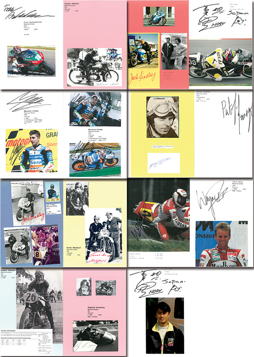 Sammlung Motorrad Straße 1949 - 2022  | 30 Ordner mit ca. 6000 verschiedenen Autogrammbelegen von ca. 1200 Rennfahrern des Motorrad Weltmeisterschaften von 1949 - 2022. Dabei fast alle Motorrad - Weltmeister aller Klassen von 1949 - 2022 (außer Ambrosini). Ca. 90% der Piloten die Platz 1-3 belegt haben vorhanden. Ca. 75% wurden von dem Sammler Fritz Weber (GER) face-to-face geholt.