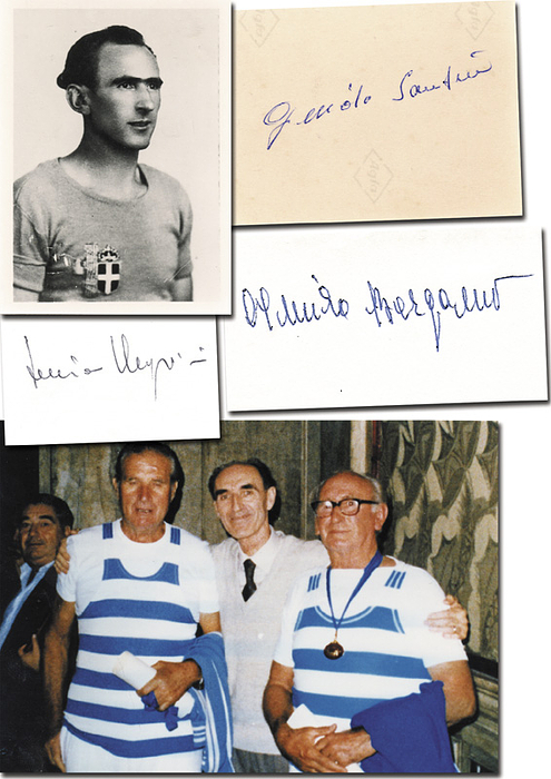 Bergamo / Negrini / Santin  | Silbermedaille für Italien im Rudern Zweier mit Steuermann bei den Olympischen Spielen 1936. Original Signaturen von Almiro Bergamo (1912-1994), Guido Santin (1911-2008, S/W-Foto Rückseite signiert) und Luciano Negrini (1920-2012), 10x8 cm bis 8x6 cm.