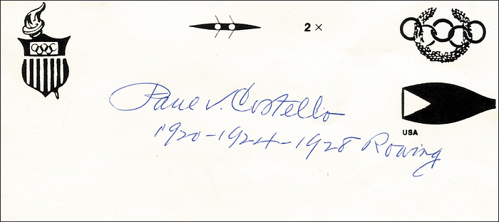 (1894-1986) Sammlerbeleg mit Originalsignatur von Paul Vincent Costello (USA). Dreifacherer Goldmedaillengewinner im Ruderer - Dopplzweier bei Olympischen Spielen  1920 , 1924 und 1928. 19x8,5 cm.