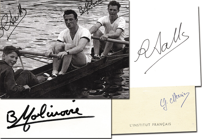 Sorry, no english description is available. ... Olympic Games 1952 Autograph rowing France -  Condition: A.....Sehr selten! Dabei: ein S/W-Reprofoto mit faksiilierten Unterschriften.