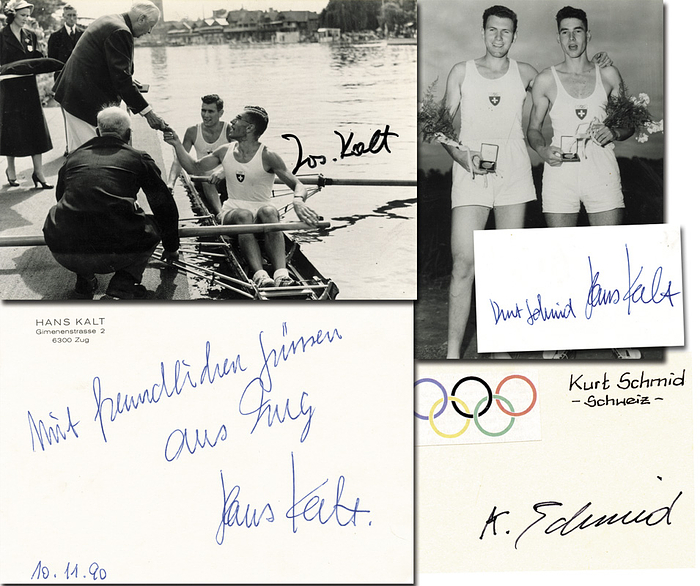 Schweiz Rudern OSS1948 + 1952  | Schweiz Zweier ohne Steuermann Olympische Spiele 1948 Silber und Bronze 1952. Original Signaturen von 2x Hans Kalt (1924-2011; 1948 + 1952); Josef Kalt (1920-2012; 1948) und Kurt Schmid (1932-2000; 1952). Zwei S/W-Fotos (eines rückseitig signiert) und eine zwei Karteikarte, 15x10 cm.