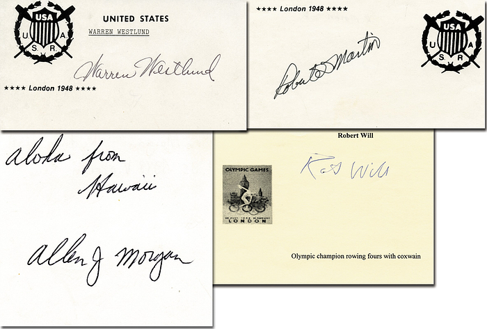 USA Rudern OSS1948  | USA Vierer mit Steuermann Olympische Spiele 1948 Gold. Original Signaturen von Warren Westlund (1926-1992), Robert Martin (1925-2012), Bob Will (1925-2019), Allen Morgan (1925-2011). Selten. 15x10 cm bis 9x9 cm.