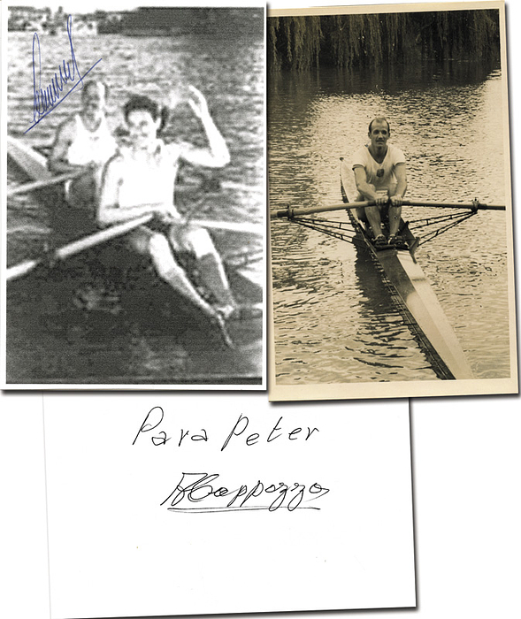 Cappozzo / Guerrero  | Goldmedaille im Rudern im Doppelzweier für Tranquilo Cappozzo (1918-2003) und Eduardo Guerrero (1928-2015) beide Argentinien bei den Olympischen Spielen 1952. Blancobelege und fotokopiertes Foto, je 15x10 cm . Dabei ein S/W-Foto von Cappozzo (13x9 cm).