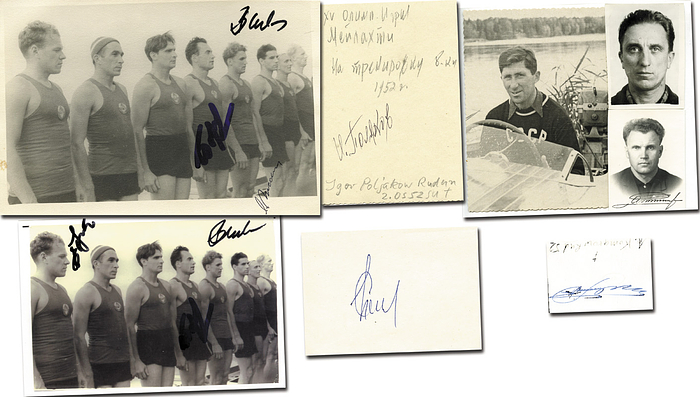 UdSSR Rudern OSS1952  | Silbermedaille im Rudern Achter für die UdSSR bei den Olympischen Spielen 1952. Original Signaturen auf S/W-Foto (18x12 cm) mit drei Unterschriften von Leonid Gissen (1931-2005), Wladimir Krjukow (1925-2018), Igor Borissow (1924-2003); Jewgeni Brago (1929-2024; auf S/W-Reprofoto Signatur ganz links auf dem Foto 15,5x10 cm, die beiden anderen Unterschriften sind Repros);  Alexei Komarow (1921-2013; Passfoto rückseitig signiert) , Slawa Amiragow (1926-1990; Blancobeleg), Jewgeni Samsonow (1926-2014; Passfoto),  Igor Poljakow (1912-2008, S/W-Foto, Signatur auf der Rückseite).
