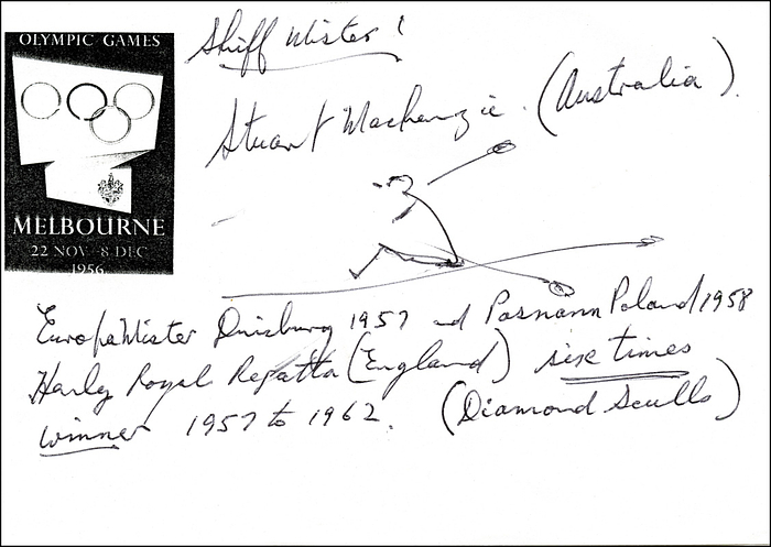 MacKenzie, Stuart  | (1937-2020) Blancobeleg mit handschriftlichen Text, Zeichung und original Signatur von Stuart MacKenzie (AUS). Silbermedaille bei den den Olympischen Spielen 1956 im Rudern - Einer, 15x10 cm.