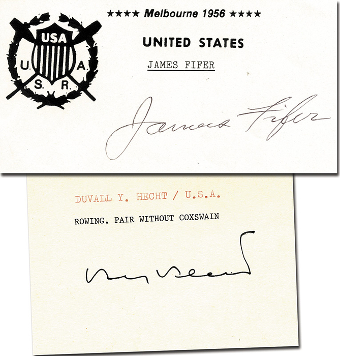 Fifer / Hecht  | Goldmedaille im Rudern Zweier ohne Steuermann für die USA mit James Fifer (1930-1986) und Duvall Hecht (1930-2022) bei den Olympischen Spielen 1956. Blancobelege, 16x8,5 + 12,5x9 cm.