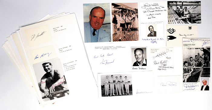 Rudern OSS 1952 + 1956  | 75 Autogrammbelege von Medaillengwinnern im Rudern von den Olympischen Spielen 1952 (33x) und 1956 (42x) mit zahlreichen verstorbenen Athleten USA, Kanada, Finnland, Schweden, Frankreich, Deutschland, Österreich, Australien, Schweiz, Belgien, Dänemark. Blancobelege und Reprofotos.