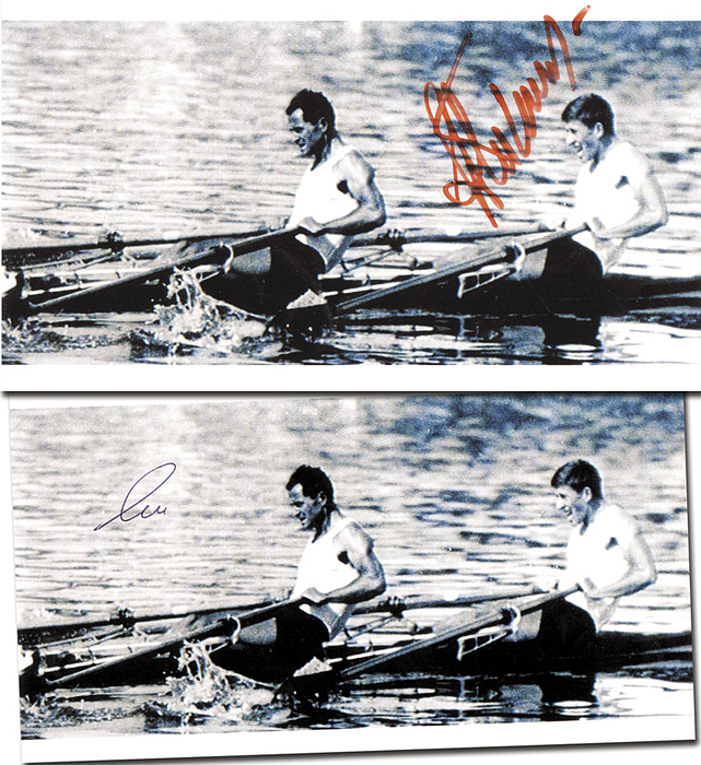 Sass / Timoschinin  | Goldmedaille im Doppelzweier für die UdSSR bei den Olympischen Spielen 1968. Original Signaturen von Anatoli Sass (1935-2022) und Alexander Timoschinin (1948-2021) jeweils auf S/W-Reprofotos, 18x10,5 cm.