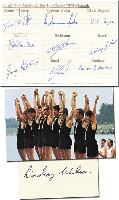 Neuseeland Rudern Achter OSS1972  | Goldmedaille im Achter für Neuseeland bei den Olympischen Spielen 1972.Mit original Signaturen: Trevor Coker (1949-1981; Bronze 1976. RARITÄT!!!), Tony Hurt (Bronze 1976), Wybo Veldman, Dick Joyce (1968 Gold), John Hunter, Lindsay Wilson (Bronze 1976), Athol Earl (Bronze 1976), Gary Robertson, Simon Dickie (1951-2017; Gold 1968 und Bronze 1976); Komplettes Team Ruder Achter!!!!! Dabei: Warren Cole (1940-2019; Gold 1968 Vierer). Blancobeleg , 14x9,5 und Blanco mit Signatur Linday Wilson, 10x7,5 cm. Dabei Farbmagazinfoto.